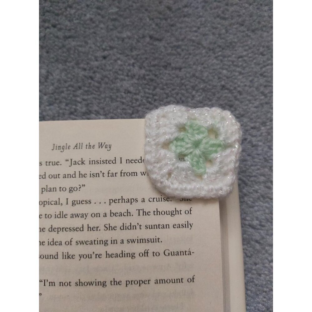 Mint Green & White Crochet Granny Square Pocket Bookmark • Finished SC Border